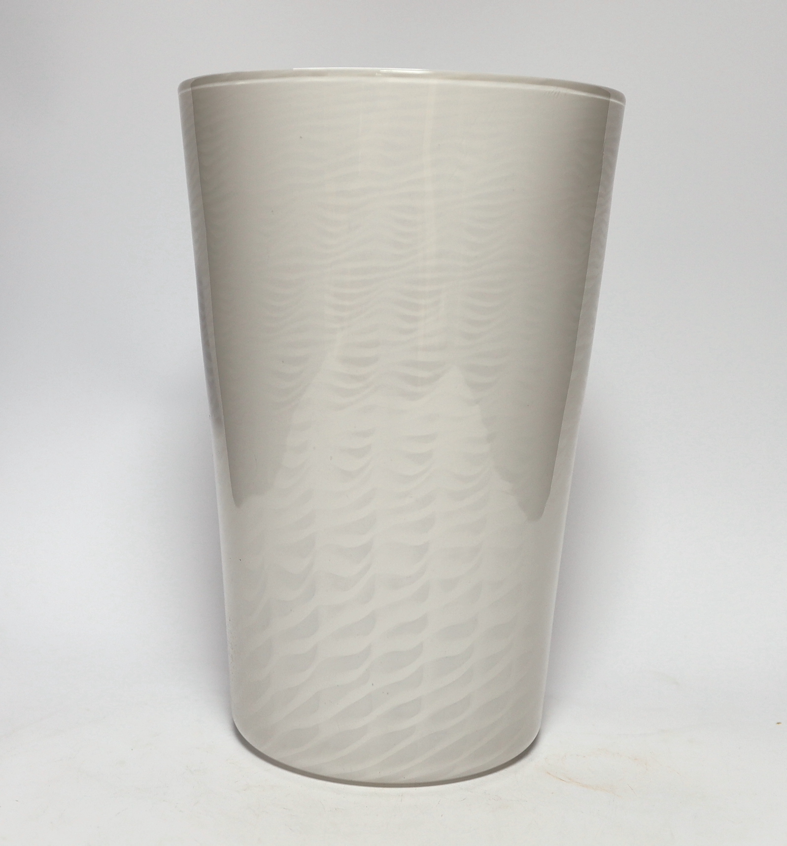 A Whitefriars ‘cloudy white lattice’ glass beaker vase, 30cm high